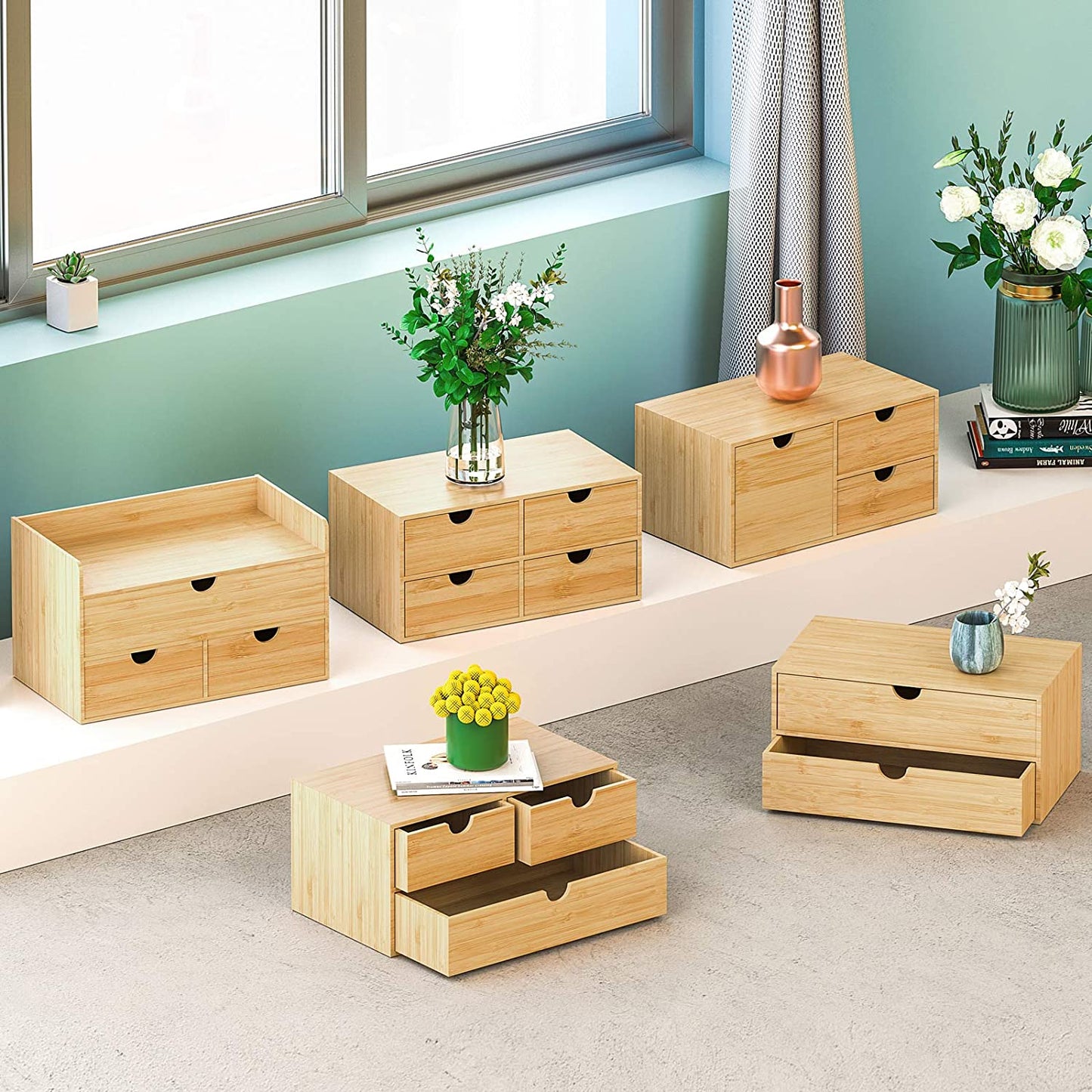 Bamboo Desk Organizer with Drawers, 3-Drawer Desktop Storage Box