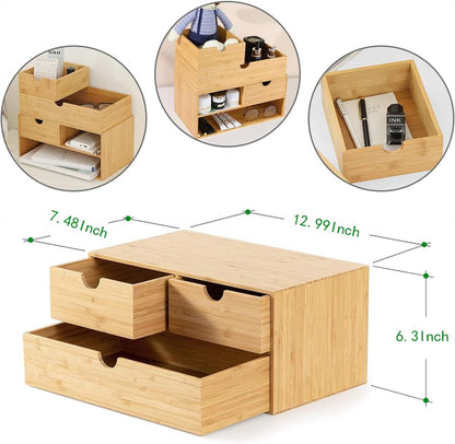Bamboo Desk Organizer with Drawers, 3-Drawer Desktop Storage Box